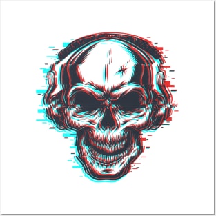 Glitch Skull with Headphones Posters and Art